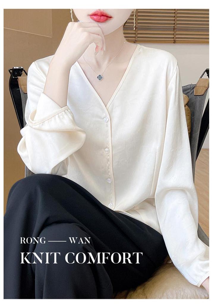 Women's Silk Satin V-Neck Long Sleeve Loose Shirt
