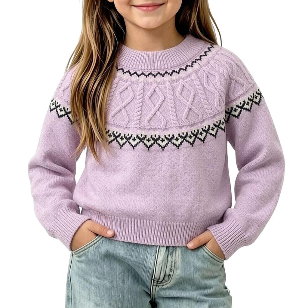 Girls Knitted Pullover Sweater with Pattern, Warm Long Sleeve Base Layer Top for Winter