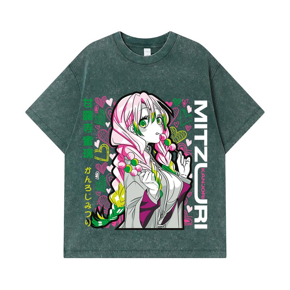 275 GSM Washed T-shirts 100% Cotton Demon Slayer V102 Mitsuri Print Unisex Heavy Cotton T Shirt