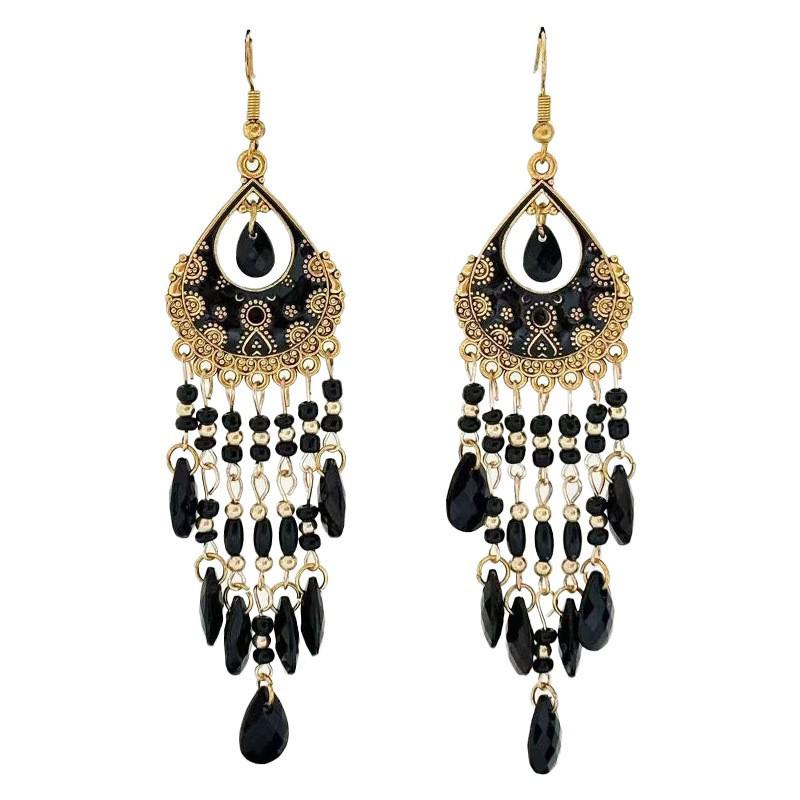 Bohemian Crystal Tassel Earrings - Ethnic Style, Slim Face, Exaggerated Design for Travel