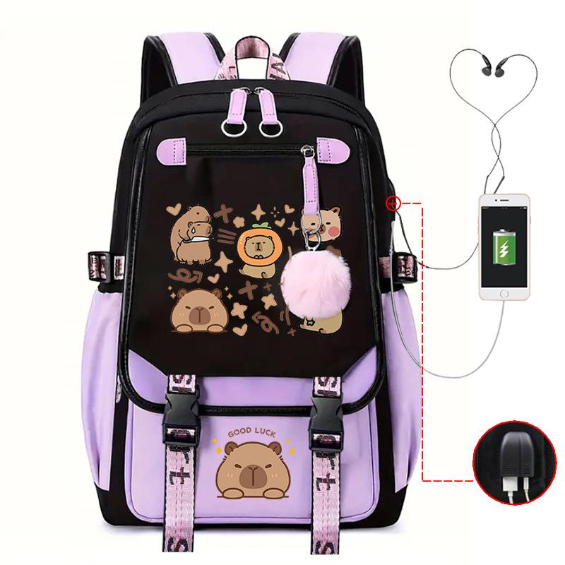 Fashion Trend Kapibara Leisure Burden Reduction Travel Bag Multifunctional Large Capacity USB Student School Bag