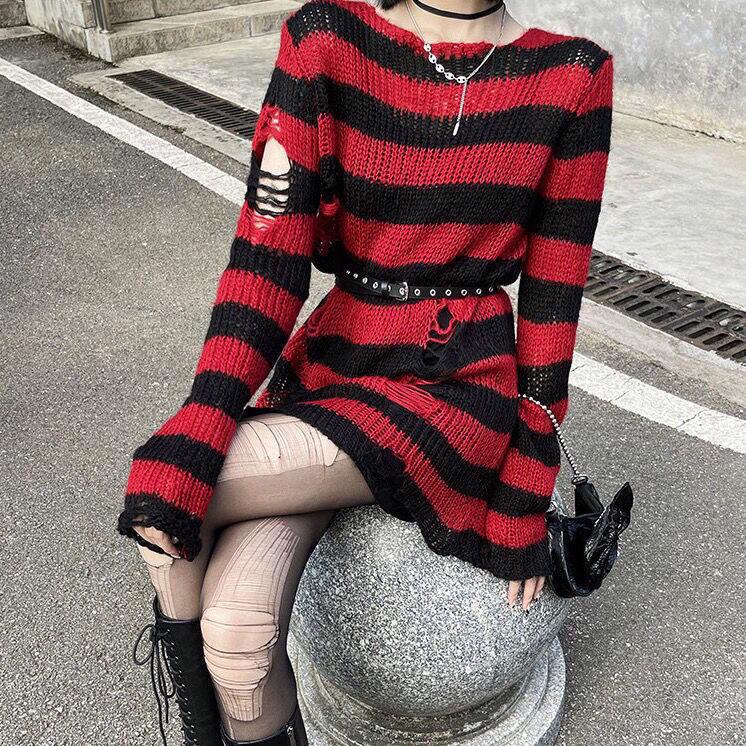 Unisex Punk Striped Gradient Ripped Knit Sweater
