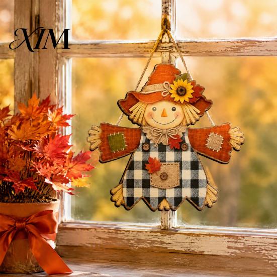 Front Door Welcome Sign Fall Wooden Hanging Sign, Autumn Scarecrow & Pumpkin Maple Leaf Festival Wood Hanger, Harvest Thanksgiving Decor, Farmhouse
