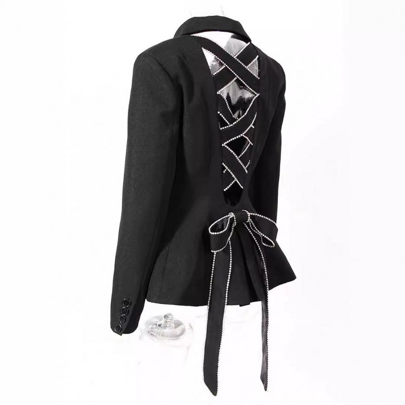 Women's Rhinestone Bow Jacket with Back Cross and Hollow-Out Design - Spring Collection 2025 Slim Fit Waist-Cinching Blazer