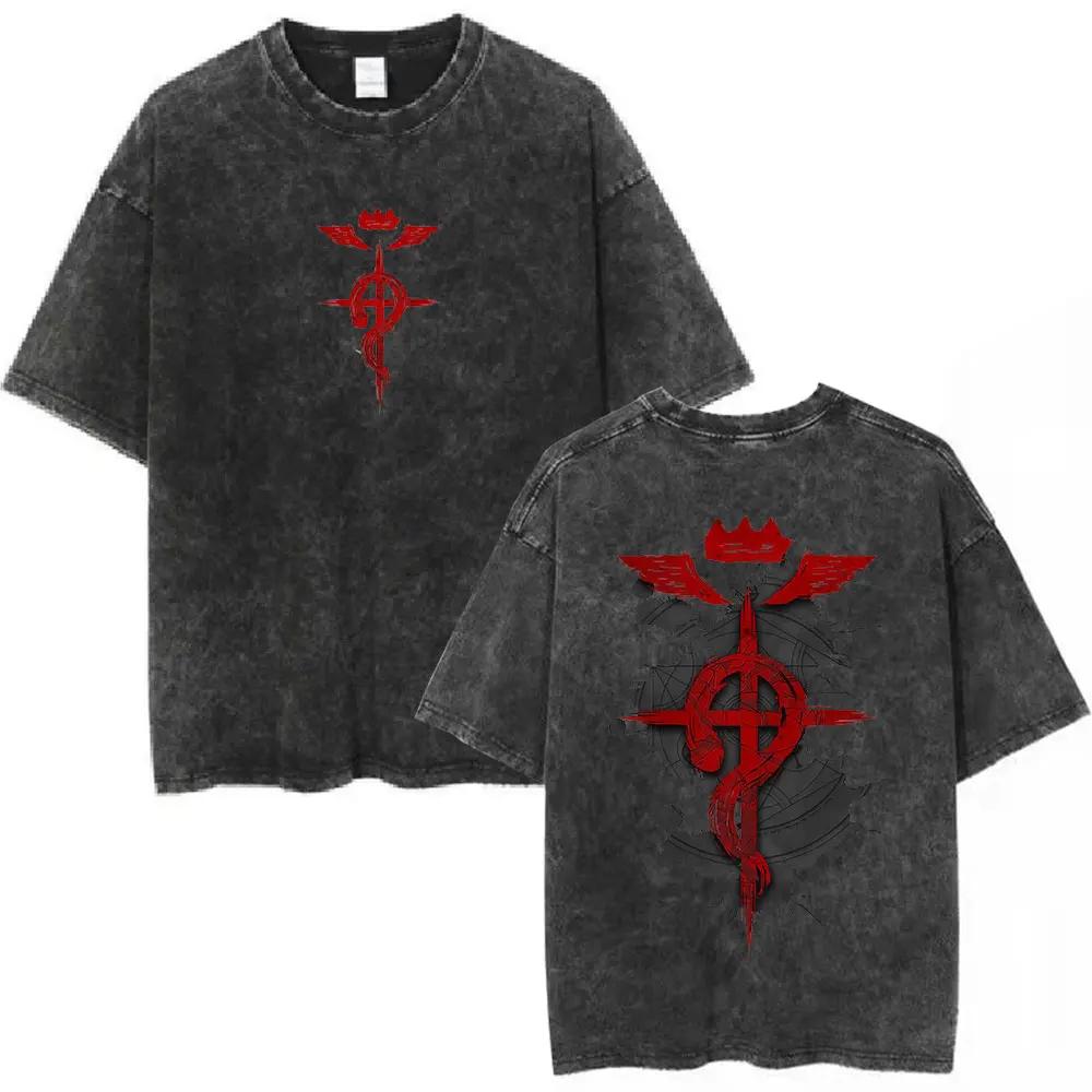Magliette Lavate Anime Fullmetal Alchemist Edward Elric Alphonse Elric T-Shirt Uomo Donna Moda Casual Magliette Oversize Top