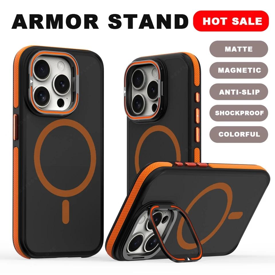Bicolor Magnetic Camera Lens Stand Phone Case For iPhone 15 14 16 Plus 11 12 13 16 Pro Max Matte Magsafe Protector Hard Cover