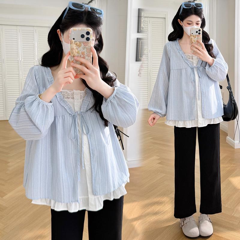 Spring Korean Style Ruffled Maternity Shirt with Faux Two-Piece Design XL