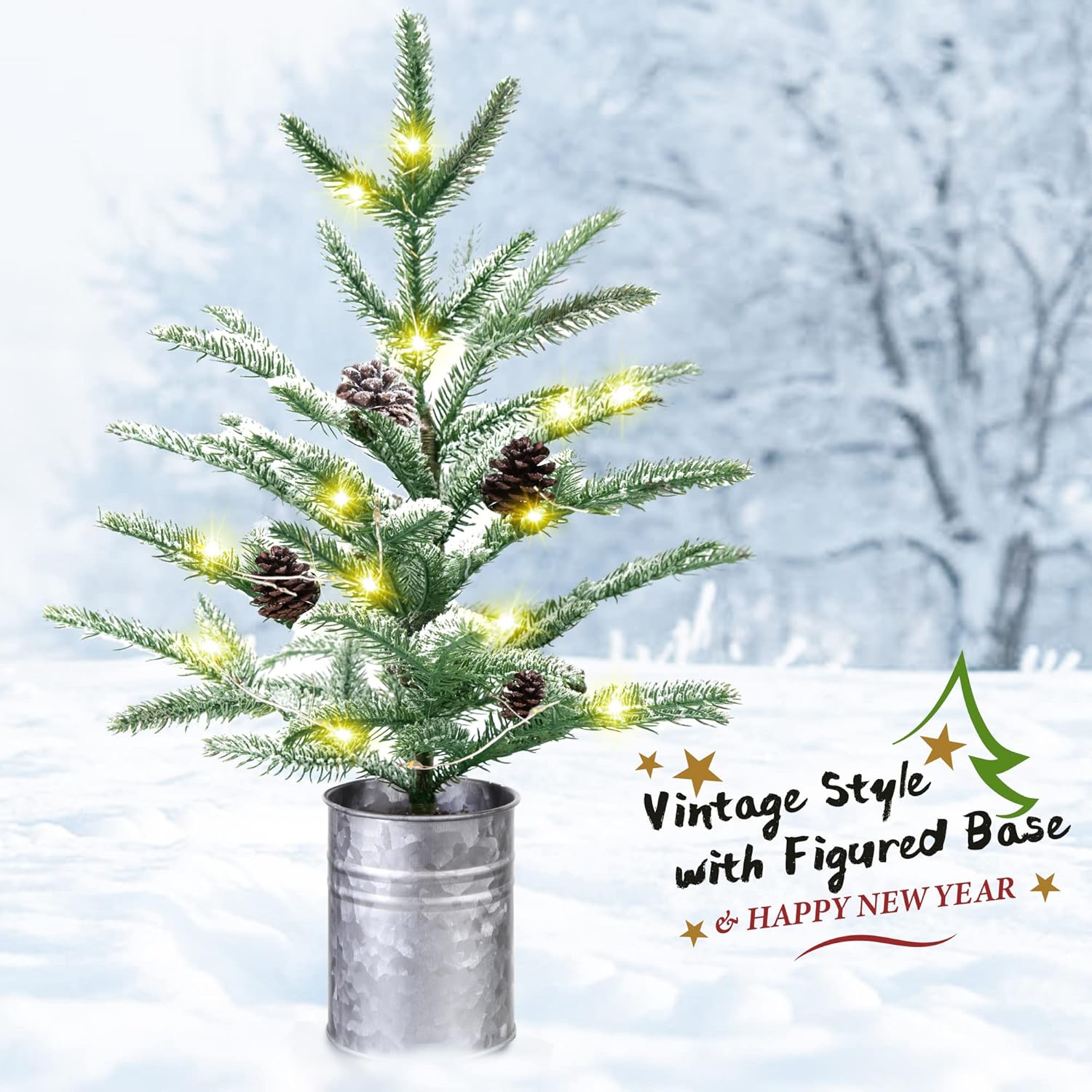 Small Christmas Tree 24 inch Mini Christmas Tree Pre-lit with 60 Lights Rustic Style Tabletop Tree 2 ft