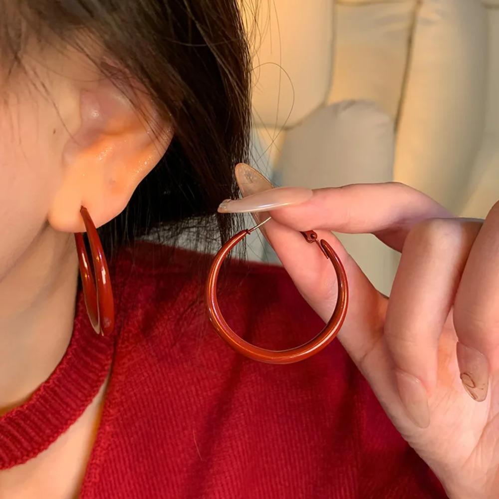 Retro Classic Wine Red Color Geometric Circle Hoop Earrings for Women Exaggerate Big Korea Earring Bride Jewelry Accessories