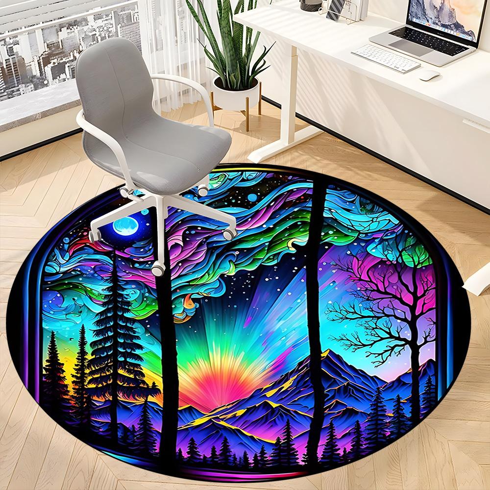 1PC StainedGlass Landscape Office Round Area Rug, Mat Suitable ForOffice, Under Office Chairs Bedroom Living Room Home Decor, Room Deco