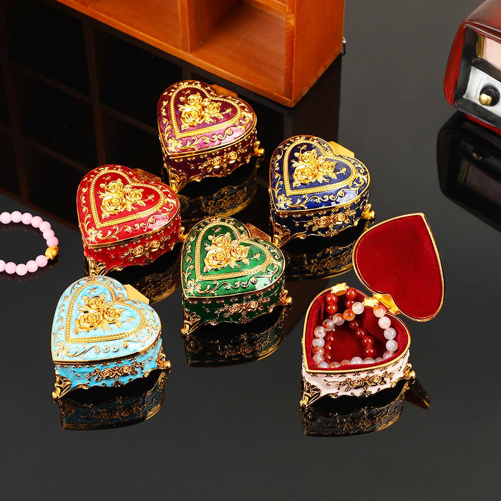 Vintage Heart-shaped Enamel Rose Jewelry Box Metal Trinket Organizer for Rings Earrings Necklaces Bracelets Desktop Decor Gift