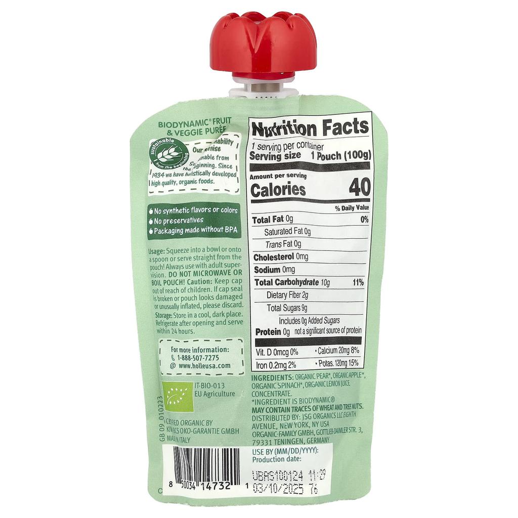 Holle Organic Fruit & Vegetable Puree, Power Parrot, 6 Months+, with Pear and Apple, with Spinach, 3.5 Oz (100 G)