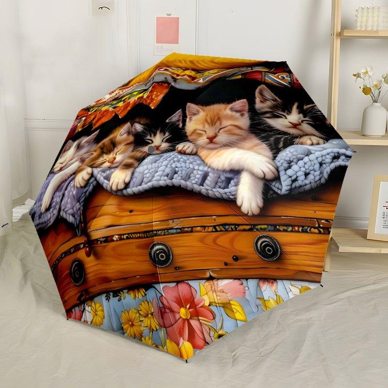 Five Adorable Kittens On A Floral Quilt Compact Travel Automatic Umbrella Compact 8 Rib Design Sturdy Construction For Outdoor Daily Use Elegant