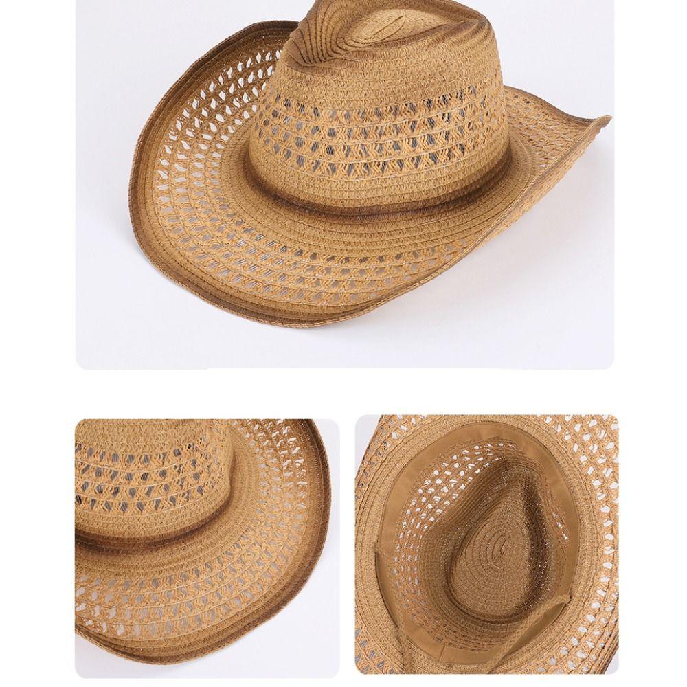Classic Summer Sunscreen Straw Hat Wide Brim Hollow Out Western Cowboy Hat Retro Ethnic Style Sun Hat for Women Men