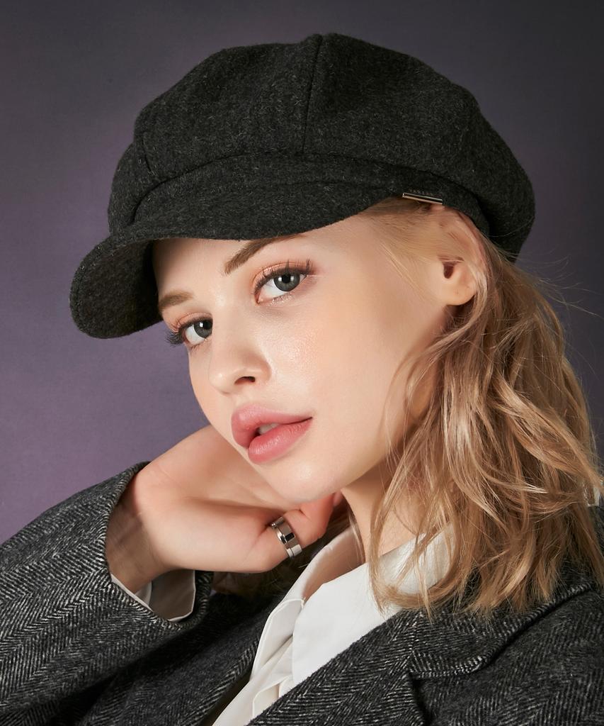 Bajal Bold Metal Tip Wool Herringbone Newsboy Cap Charcoal