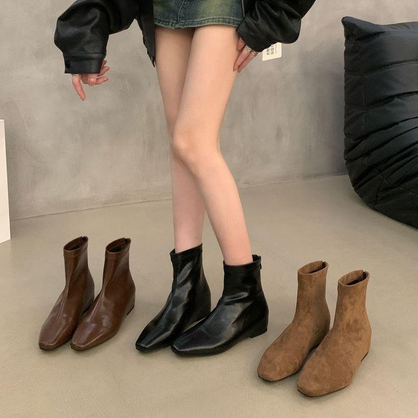 Height-increasing Short Boots Women's Boots 2025 Autumn and Winter New Korean Version Simple Short Boots Rear Zipper Square Head Fashion Boots Wo