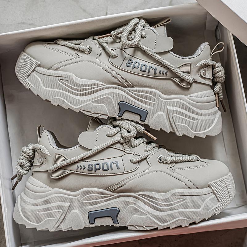 Men's shoes autumn and winter trendy brand feeling leather surface non-slip light soft sole sports running casual height increase white dad shoes