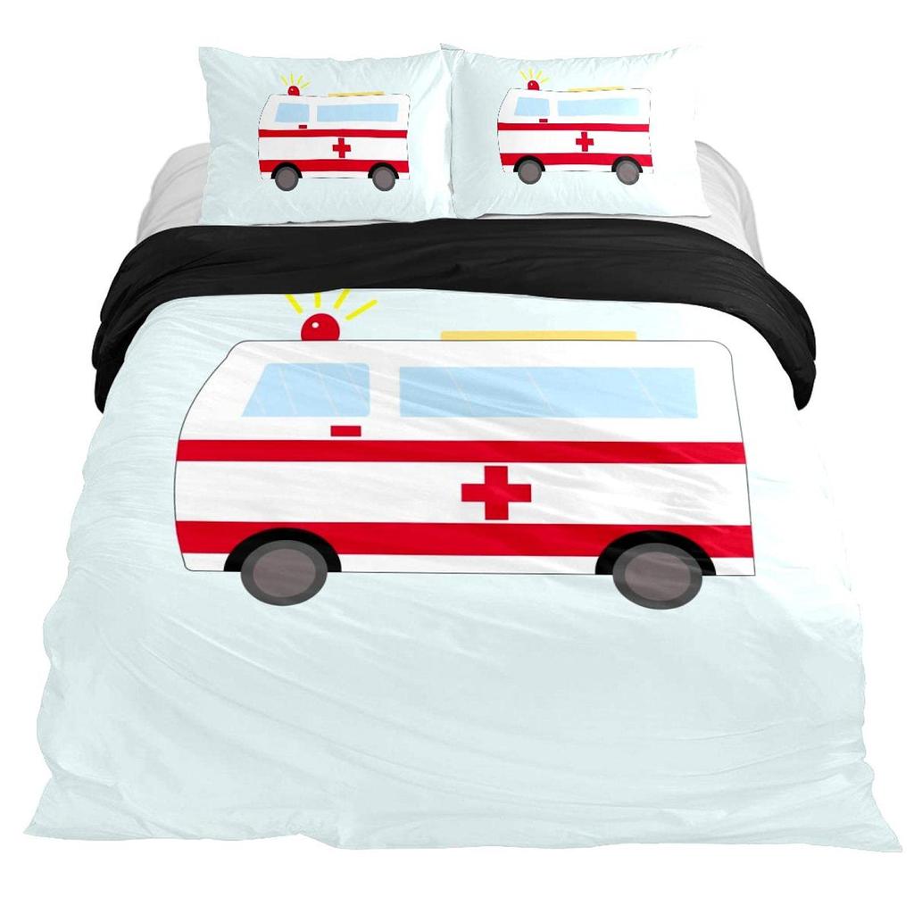 Ambulance Car King Queen Duvet Cover White Cartoon Medical Car Bedding Set For Kid Hospital Rescue Vehicle Polyester Quilt Cover