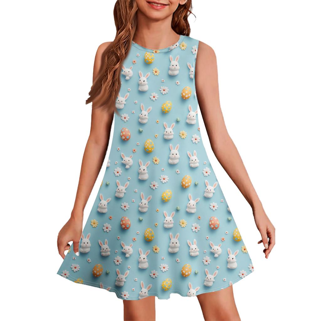 Ärmelloses Sommerkleid für Mädchen mit Aufdruck in Farbe, legeres Kleid