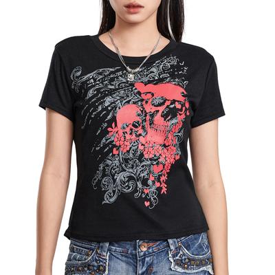 Women Short Sleeve T-Shirts Skull Print Crew Neck Shirts Summer Casual Slim Fit Tops Streetwear