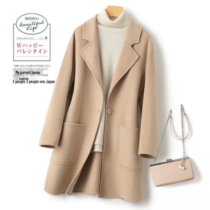 

Women s Mid-Length Double-Sided Wool Coat - Versatile for Autumn/Winter 2XL какао кольору