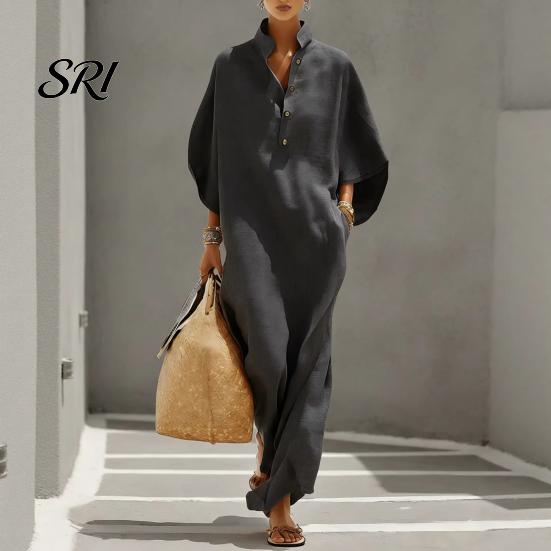 Women Dress Summer Stand Collar Maxi for Half Sleeve Button Up Curve Accentuating V Neck Long Loose Flowy Beach Sundress with Pockets V-neck