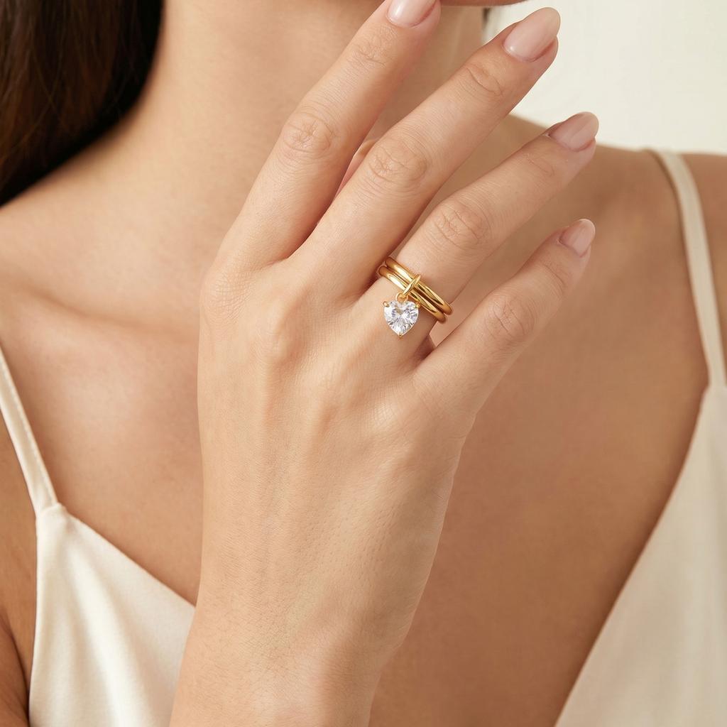 Women's Delicate Shiny Cubic Zirconia Ring, Double Layer High Quality Stainless Steel Ring, 18K Gold Plated Fashion Jewelry