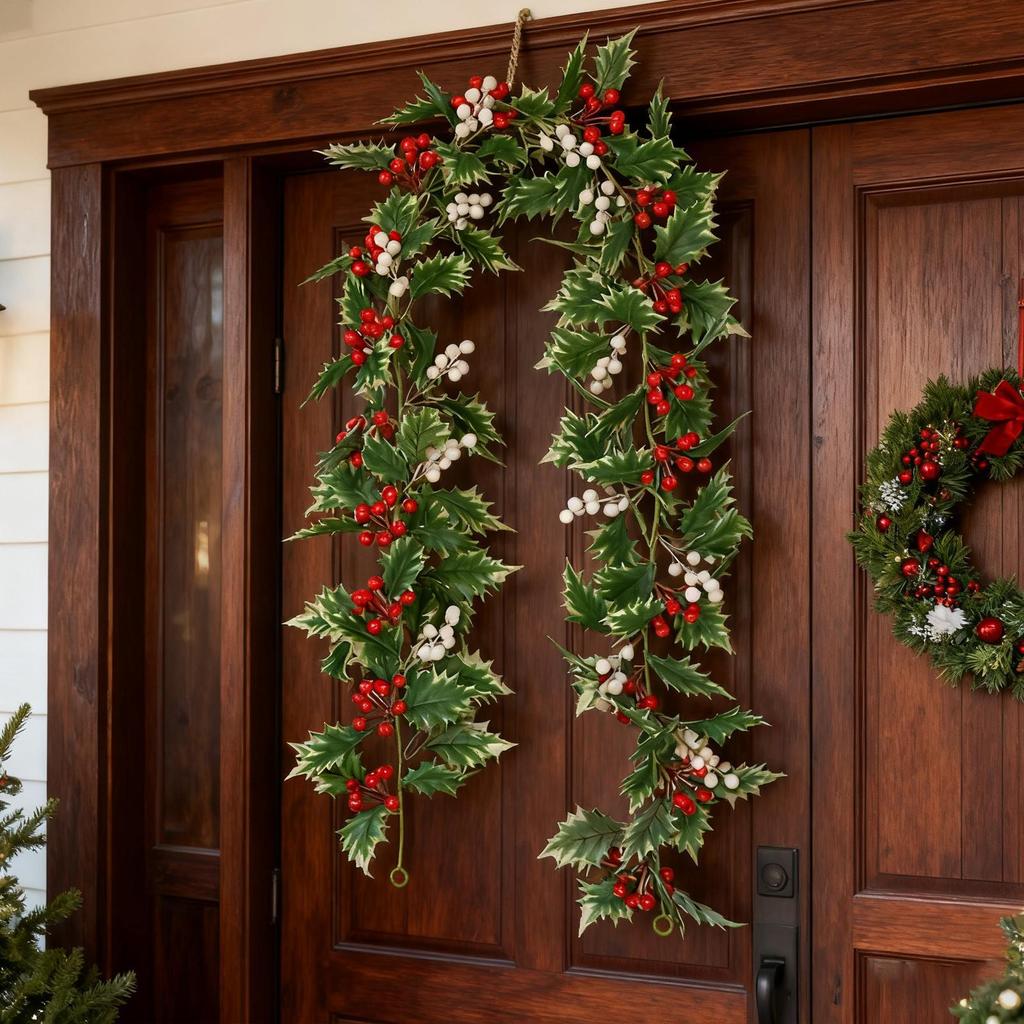 69Inch Christmas Garland Faux Leaves With Red Berries Artificial Vine Garland For Home Living Room Front Door Patio Outdoor