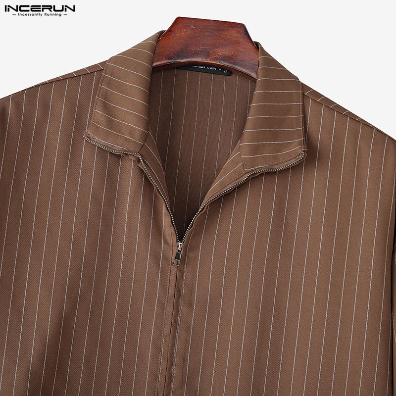 INCERUN Men Lapel Neck Long Sleeve Striped Casual Zip-up Thin Jackets Coats