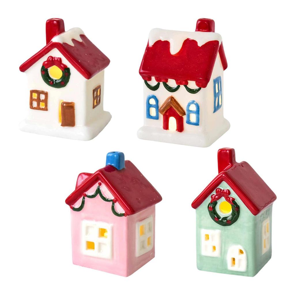 Ceramic Christmas Village House Ornament Decoration Versatile Statue Craft Accessory with LED for Indoor Holiday Shelf Table