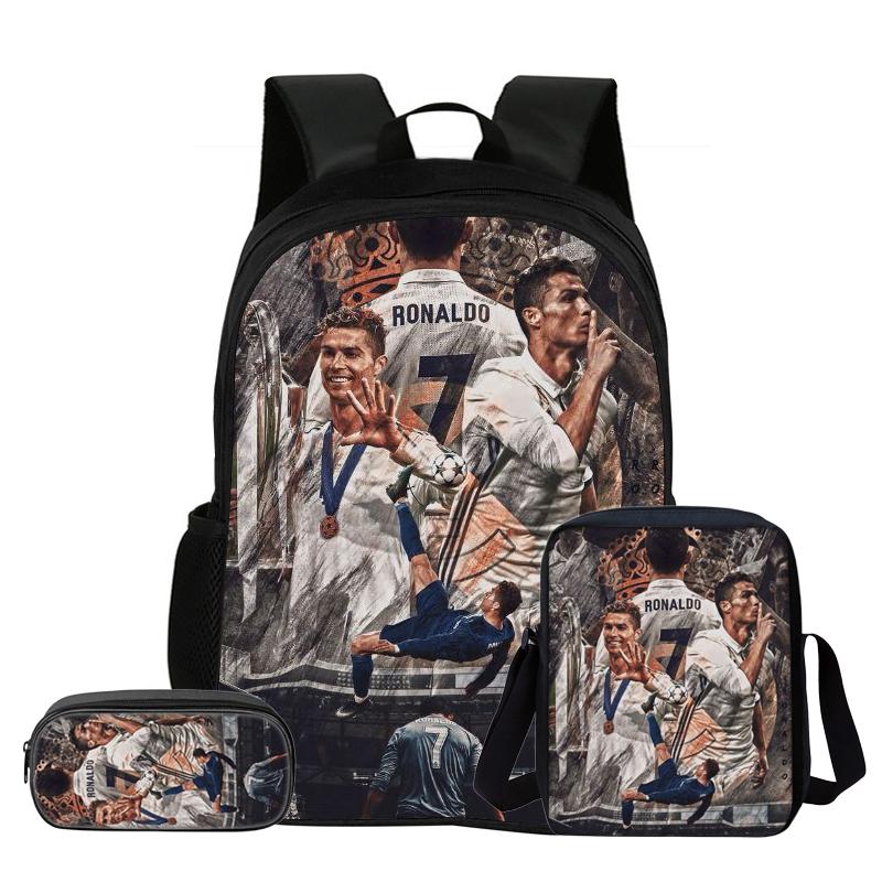 Set de 3 Piezas para Niños Mochila Estrella de Fútbol Estudiante Bolso de Hombro Escolar Bolsas para Lápices Ronaldo Mochila Escolar CR Mochila Mejor Regalo