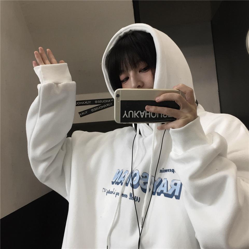 Ladies Letter Print Hooded Hoodie Women's Autumn Winter New Loose Oversize Plush Sweatshirt Pullover Tops for Couple Outfit