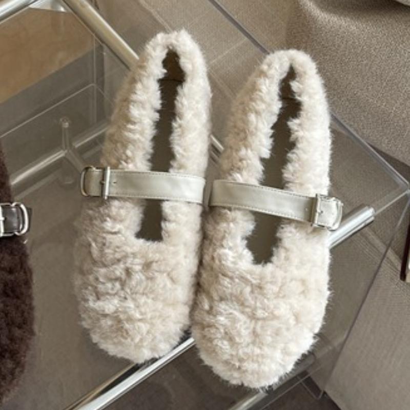 Fashion Winter Warm Plush Flat Shoes Women Fashion Round Toe Narrow Buckle Designer Shoes Cozy Soft Bottom Casual Shoes Zapatos De Mujer