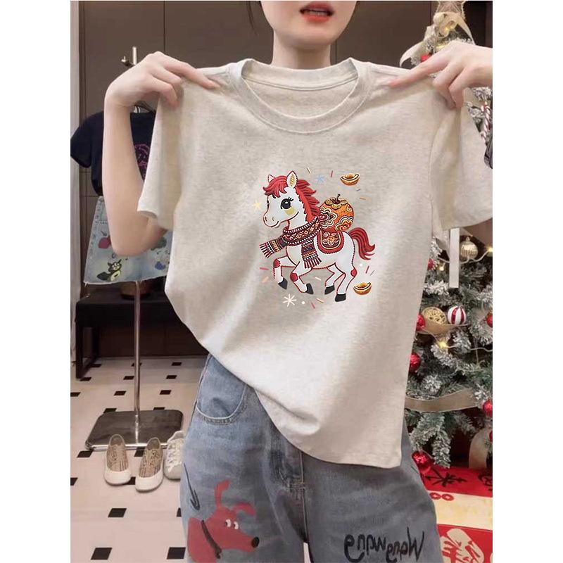 Women's 2026 Pure Cotton Short-Sleeve T-Shirt, Fashionable Red Top, Versatile Base Layer for Spring, Summer, Autumn