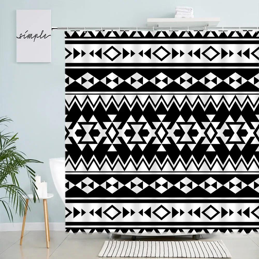 Creative Geometric Shower Curtains Retro Ethnic Style Design Pattern Print Modern Nordic Boho Bathroom Decor Bath Curtain Hooks