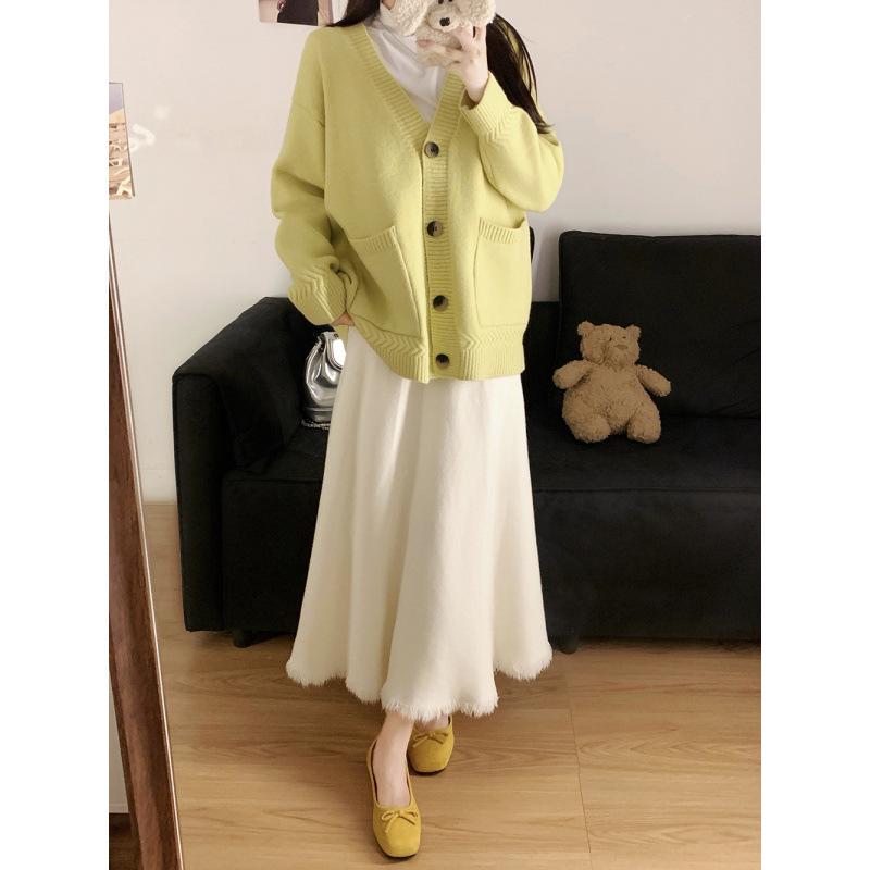 Winter 2025 Plus Size Korean Knit Cardigan & High-Waisted Skirt Set 4XL