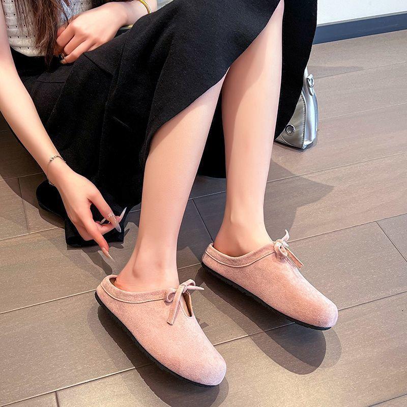 Flat-bottomed Bag Head Slippers Women's 2025 Spring New Bow Versatile One-pedal Boken Soft-soled Retro Half Slippers
