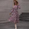 Vestiti Primaverili Casual da Donna a Linea ad A con Stampa Leopardata, Manica Lunga, Vita Alta, Scollo O, Allacciatura, Lunghezza alla Caviglia