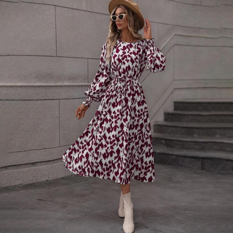 Vestiti Primaverili Casual da Donna a Linea ad A con Stampa Leopardata, Manica Lunga, Vita Alta, Scollo O, Allacciatura, Lunghezza alla Caviglia