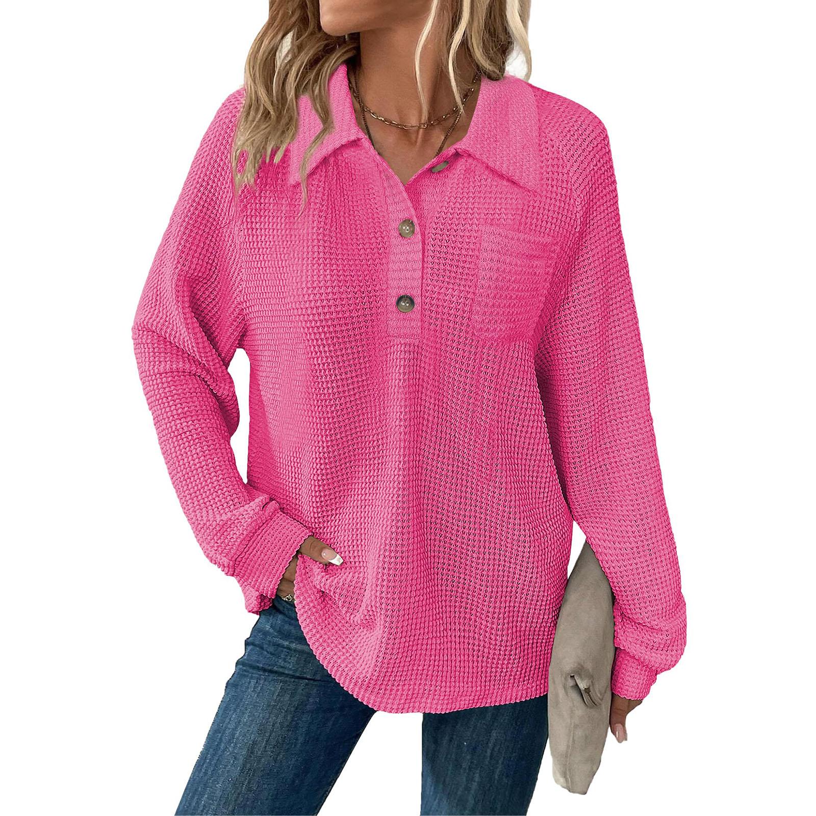 

Women s Fashion Long-Sleeve Solid-Color Collared T-Shirt With Button-Up Front And Pocketed Casual Sweatshirt Top M
