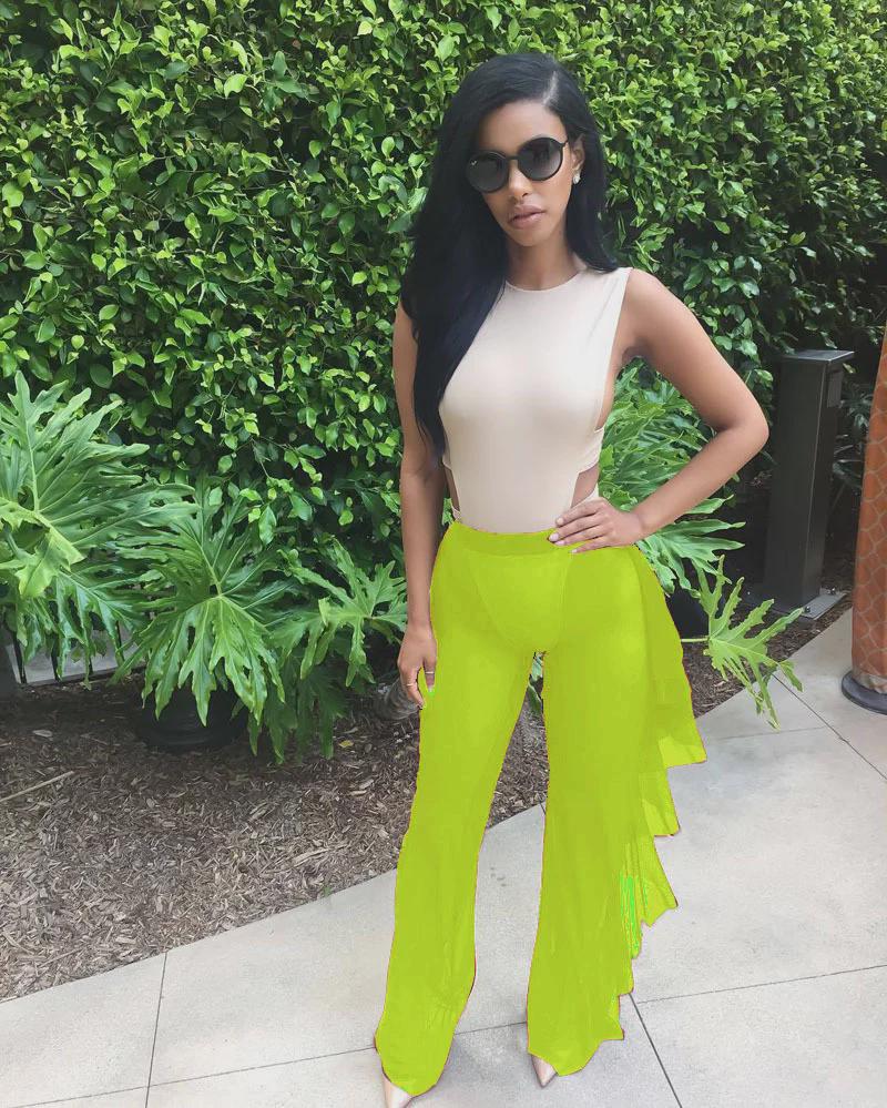 Pantalones Europeos y Americanos de Estilo Caliente de Malla con Volantes Semitransparentes de Pierna Ancha