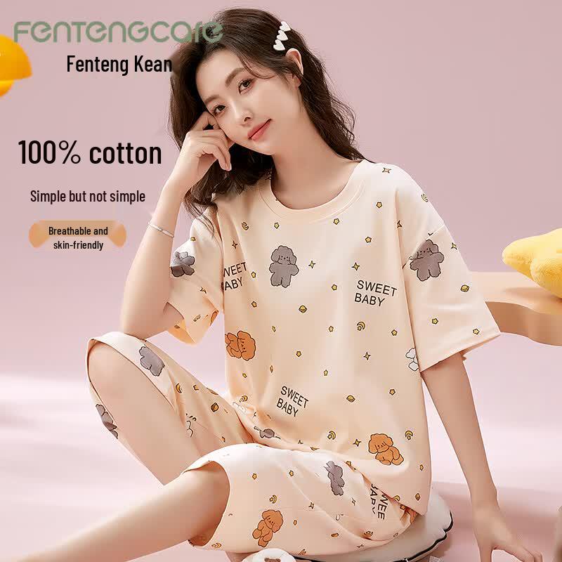 Fentengcare Women s 100% Cotton Short Sleeve Capri Pajama Set 2XL