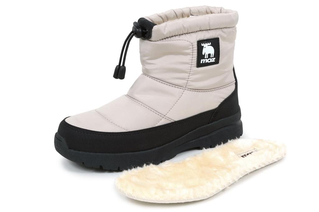 Mozu Damen Daunenstiefel, Innenfutter aus Boa, Manschette mit Paracord, 4 Stunden wasserdicht, Wasserabweisend, Rutschfeste Sohle, Greige, Größe 24,5 cm