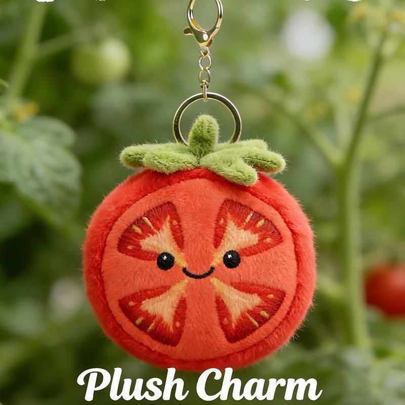Plüsch-Tomatenscheiben-Schlüsselanhänger mit Stickerei-Design für Geschenk und Taschendekoration