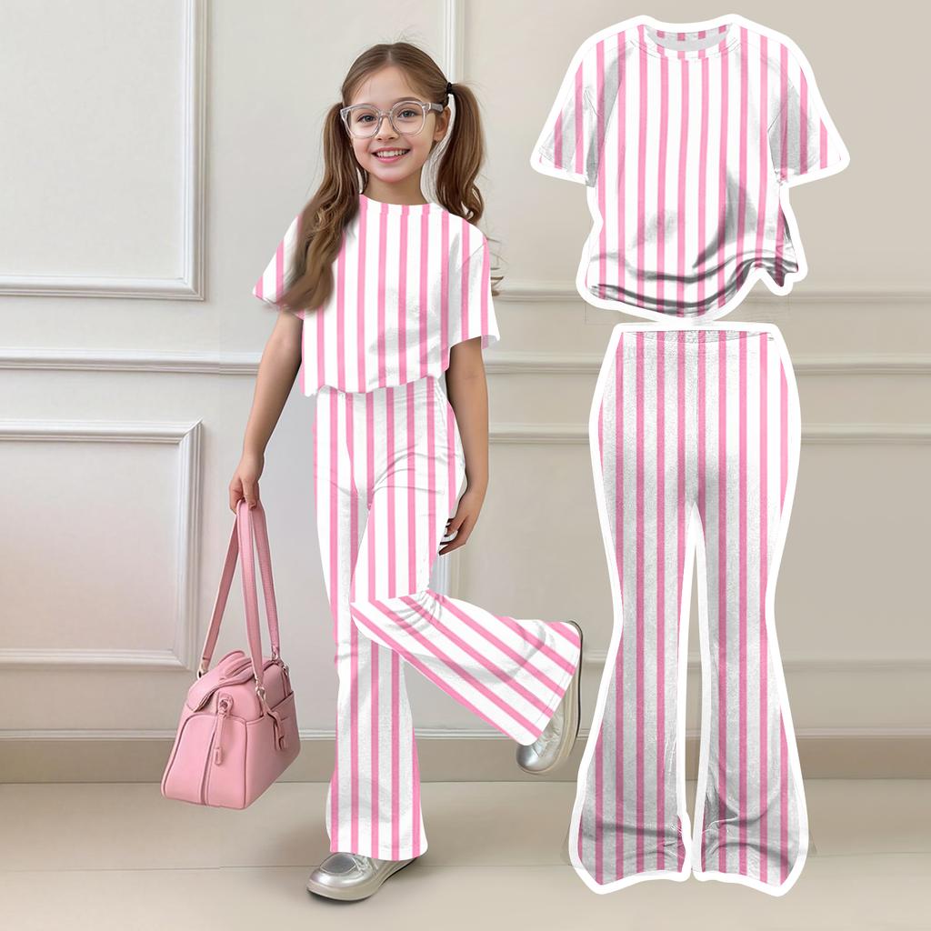 Kids Casual Two Piece Set Short Sleeve Top and Long Pants Striped Print Lightweight Comfortable Outfit for Everyday Wear