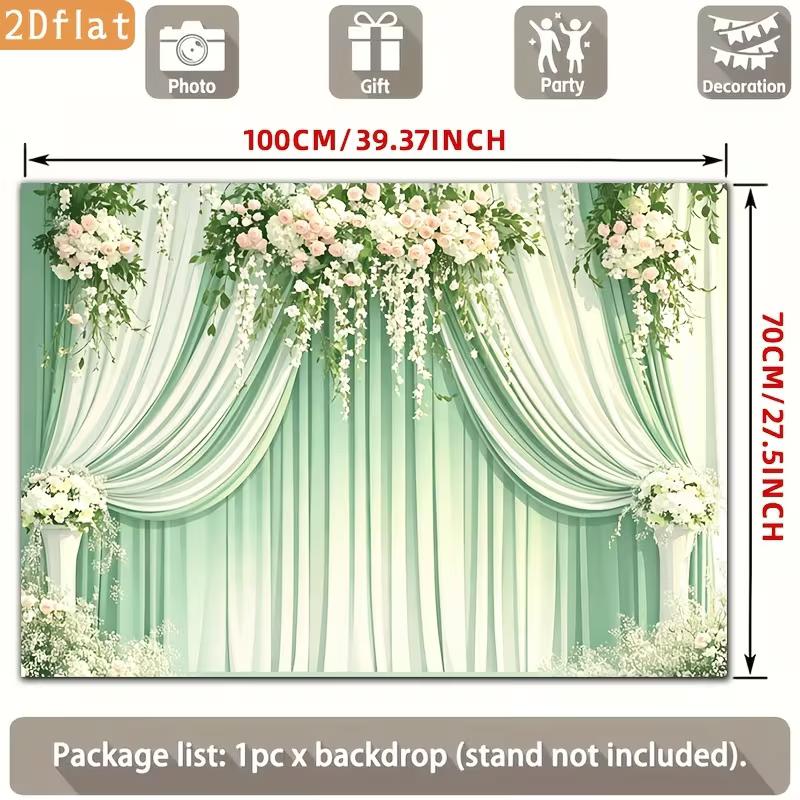 2D Mint Green Curtain Wedding Backdrop with White & Pink Flowers Background Cloth