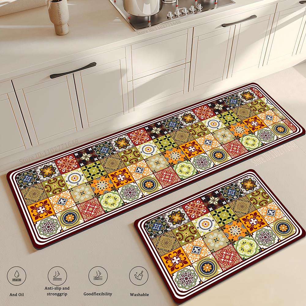 Non-Slip Kitchen Carpet Retro Style Colorful Pattern Entrance Doormat Bedside Bedroom Mat Large Coverage Absorbent Durable Rug
