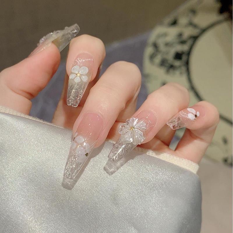 5D Utsökta Vita Blommor Nageldekorationsklistermärken Kawaii Blommig Nageldekoration Dekaler Självhäftande Slider DIY-tillbehör