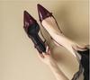 Fashion 2024 New Summer French Wine Red Pointed Patent Leather Mid-heel Overhead Sandals for Women Retro Skinny Heel Back Empty Shoes
