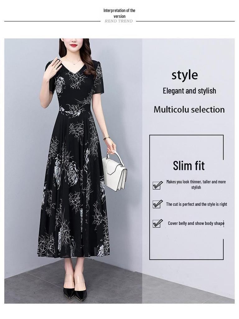 Spring/Summer 2024 V-Neck Floral Black Midi Dress - Plus Size Women's High-End Collection